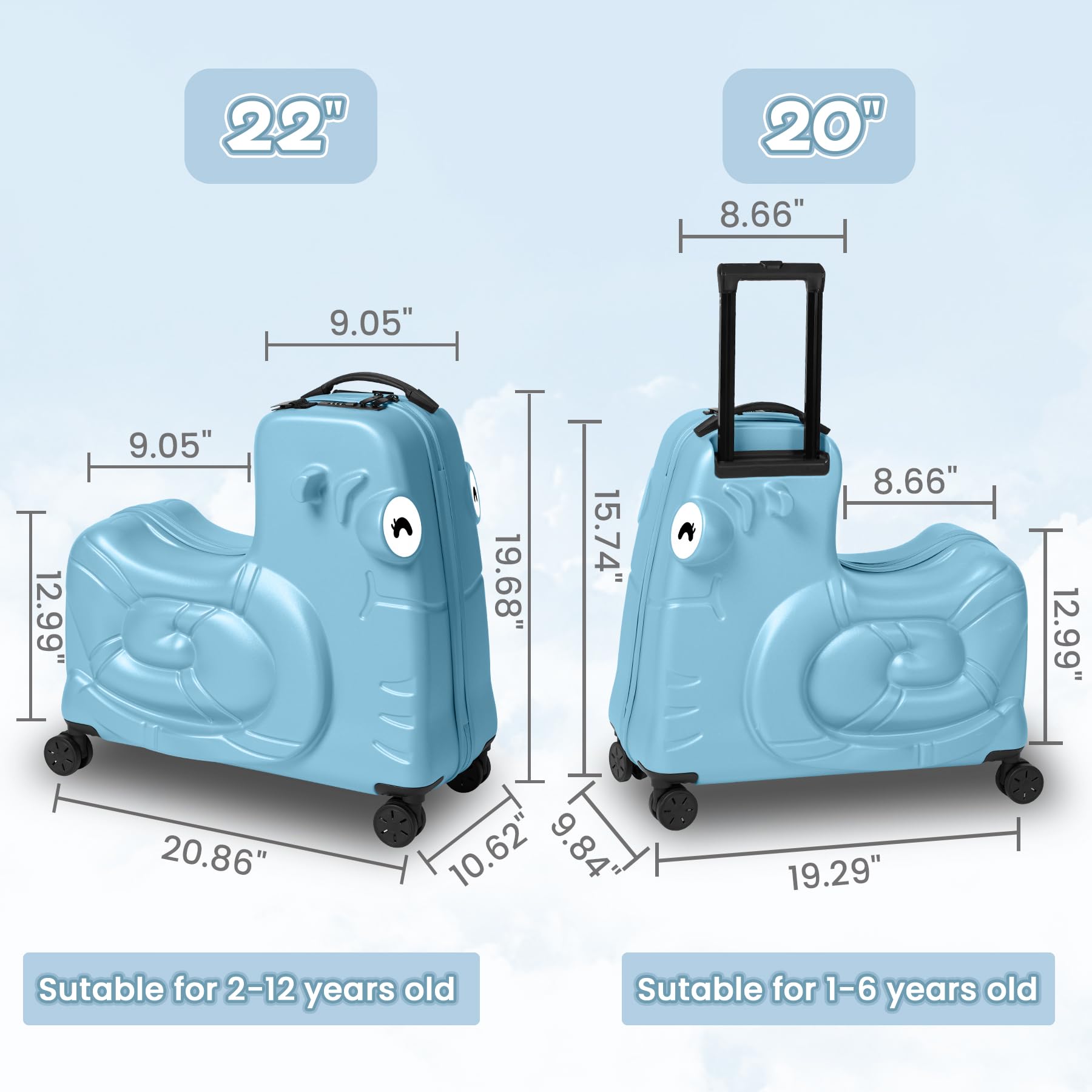 SEA PUNK Kids Luggage, Kids Ride-on Luggage with Spinner Wheels Suitcase, Kid's Ride-On Suitcase Help Your Child Relax, Carry On Trolley Luggage with Password Lock, 22