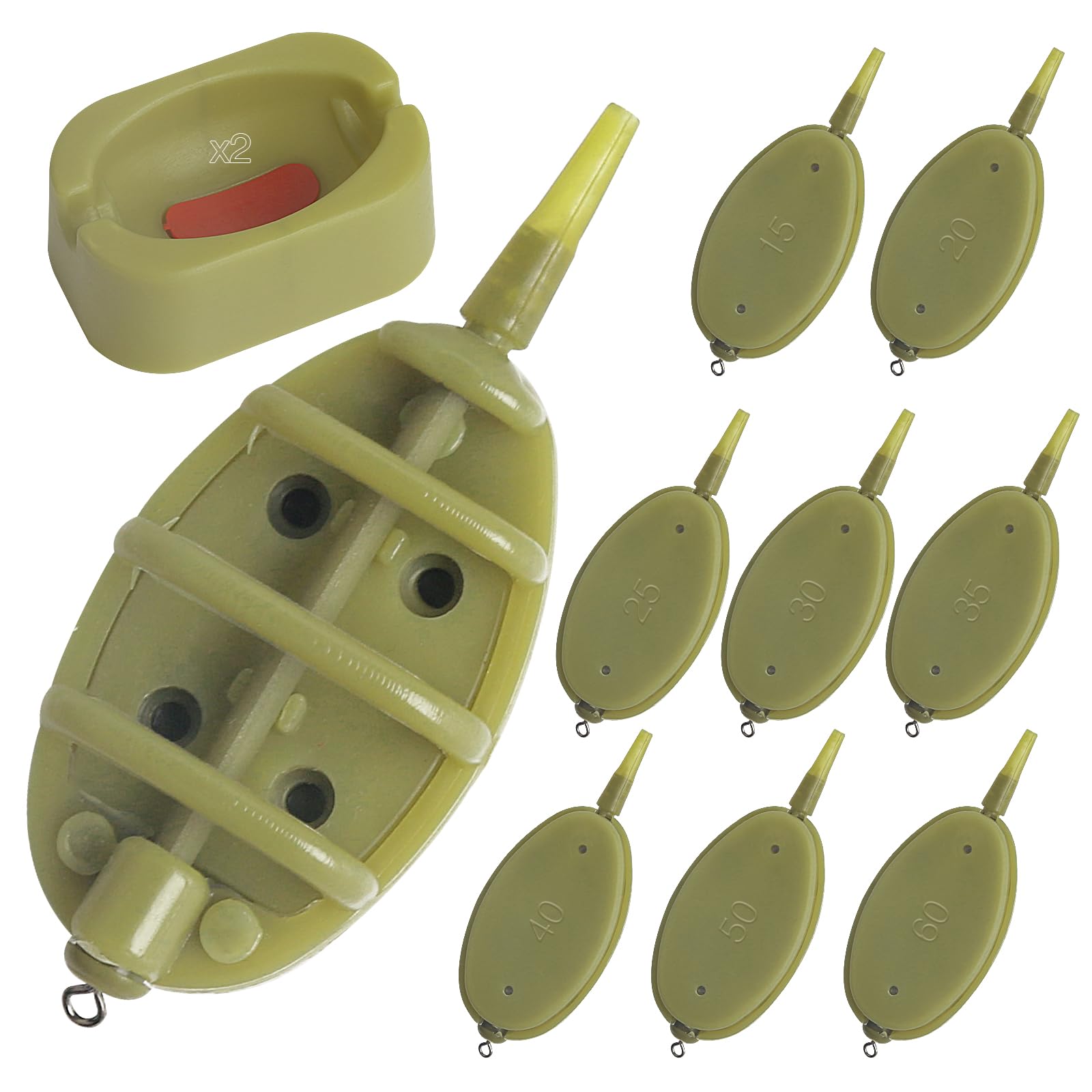 Realure 10 Pcs/8 Sizes Inline Method Feeders Fishing Carp Tackle 15g 20g 25g 30g 35g 40g 50g 60g with Weights Mark,Mould,Quick Release Method Feeder Groundbait,for Coarse Fishing,Sea Fishing,Brown