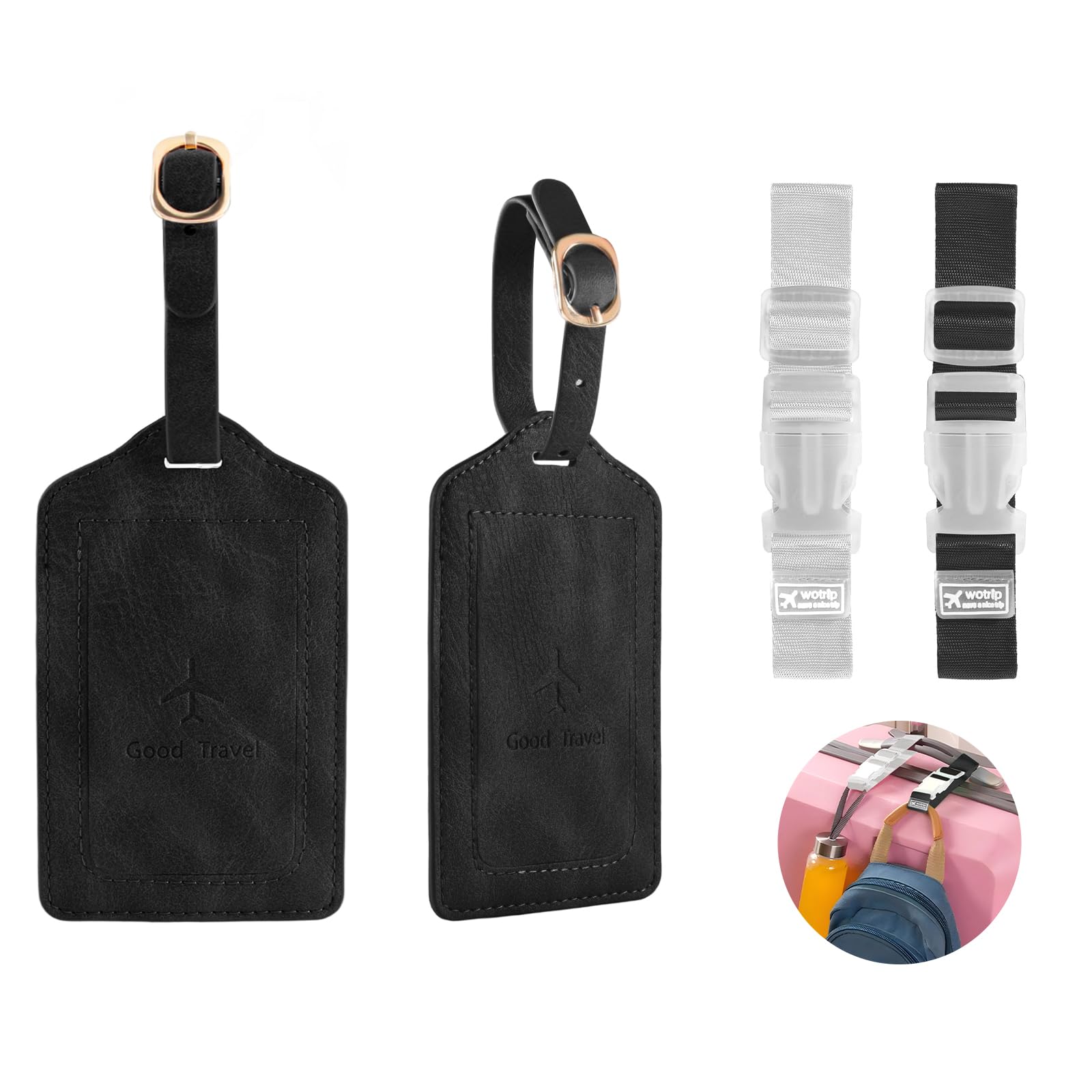 Photo 1 of 1 Pack Luggage Tag, PU Leather Suitcase Tags Identifiers Privacy Cover ID Label for Travel Bag Suitcase with 2 Pack Luggage Straps for Hats, Bags and Travel Accessories Clip(L-Black)