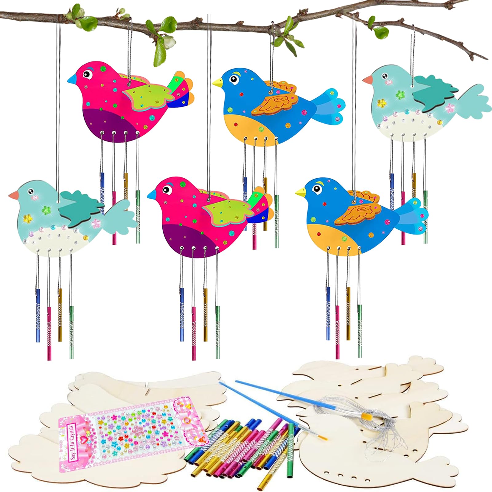 DAVBNM 6 Pack Birds Craft Kit, Crafts for Kids, Arts and Crafts, Wind Chimes Kit for Kids, DIY Coloring Wooden Art, Garden Outdoor Decor, for Girls Boys Birthday Gift