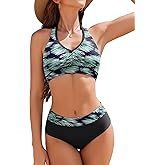 AI'MAGE Bikini Sets for Women High Waisted Two Piece Bathing Suit Tummy Control Swimsuits Halter Color Block Swimwear 2025