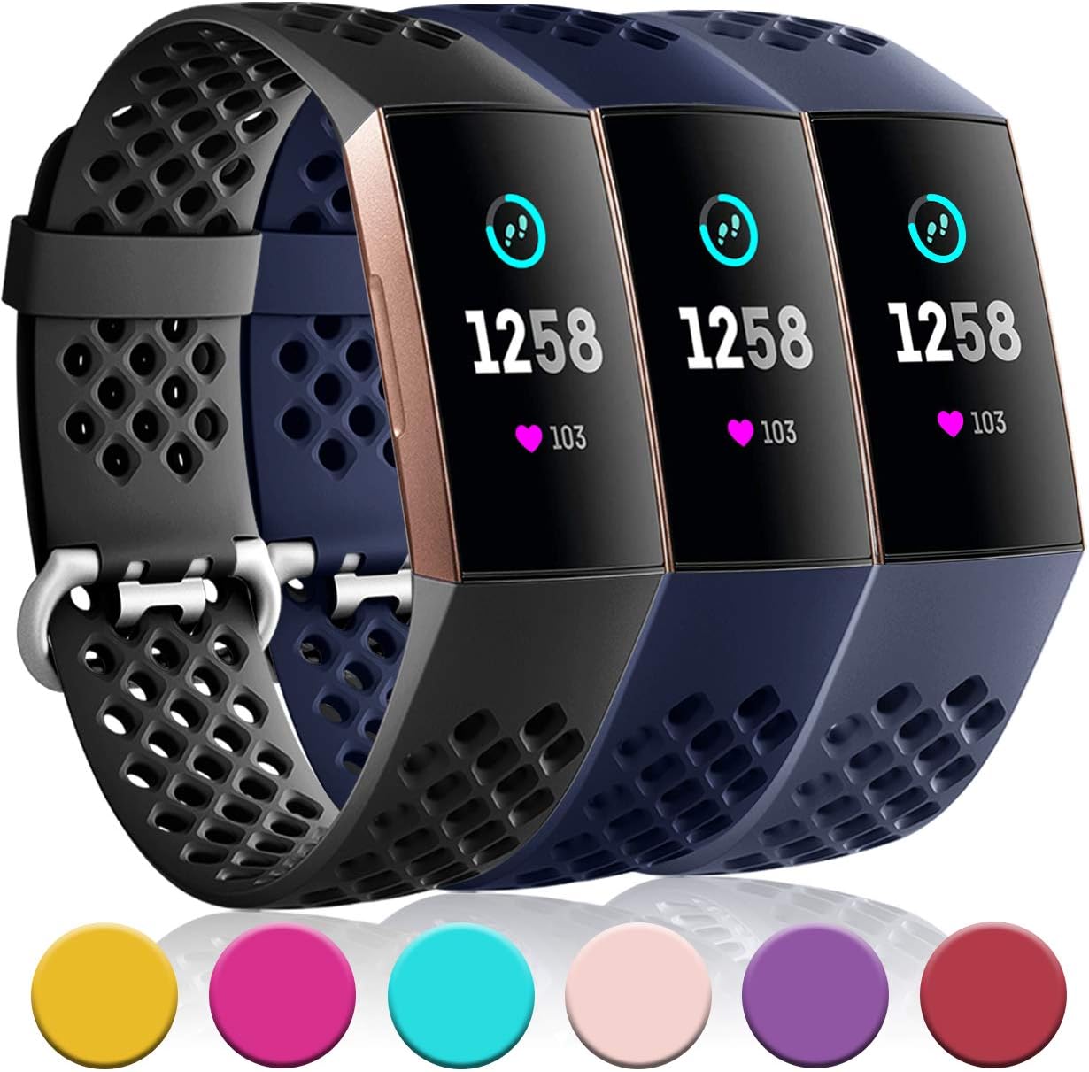 Nofeda Bands Compatible with Fitbit Charge 4 / Charge 3 / Charge 3 SE, Air Holes Breathable Sport Replacement for Fitbit Charge 3/ Charge 4 Fitness Tracker Women Men, Large, Black/Navy Blue/Blue Gray