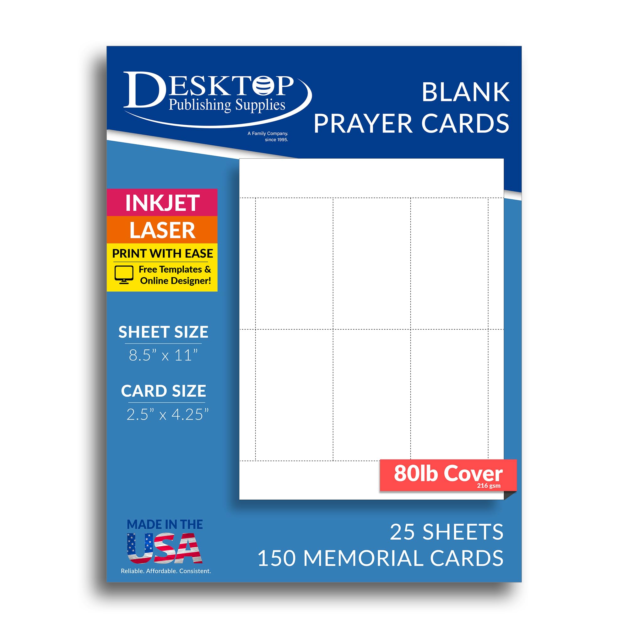 Photo 1 of Printable Blank Memorial Cards for Funeral - 150 Prayer Cards (25 Sheets) - Thick 80lb Cover (White Matte Finish) - For Inkjet & Laser Printers - Quality Keepsake for Celebration of Life