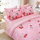 Gusuhome Girls Cherry Comforter Bedding Set Twin Size 7 Piece Pink Kawaii Oriental Cherry Comforter Set Bed in A Bag for Kids Teens All Season (Comforter,Flat Sheet,Fitted Sheet and Pillow Sham)