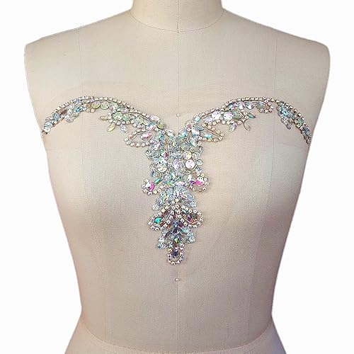 Handmade Beaded Sequin AB Color Bling Sew On Neckline Rhinestone Crystal  Trim Bridal Applique Design Patch Sewing for Wedding Dresses DIY Decoration 