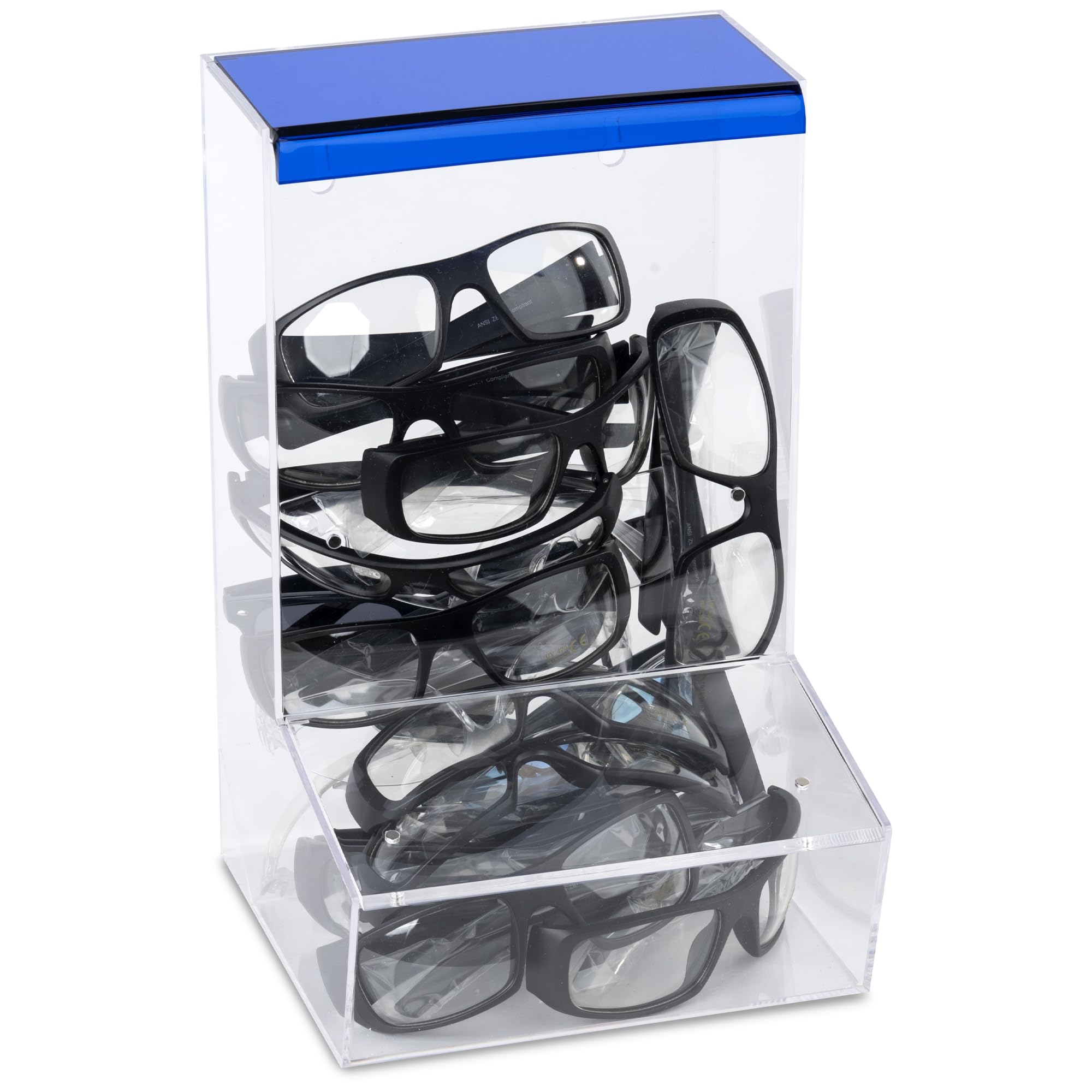 Photo 1 of Inevibe Safety Glasses Dispenser With Two Lids - Dustproof Acrylic Bin Holder for Protective Eyewear Goggles Used in Industrial, Factory and Lab Settings, Wall Mount or Countertop