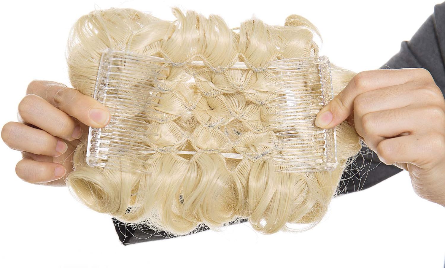Short Combs Messy Curly Wavy Hair Extensions Bun Piece Up Do Drawstring Ponytail Clip in Comb Hair Extensions Chignon Bleach blonde - Image 4