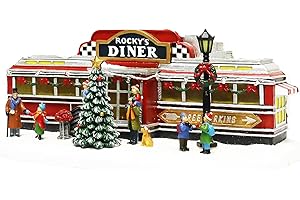 MOMENTS IN TIME Christmas Village Building, Rocky's Diner, Retro 1950's Diner with LED Lights and Christmas Music - Battery Operated (not included) (optional 4.5V adapter not included) (5.8"H x 13.6"W x 7.1"D)