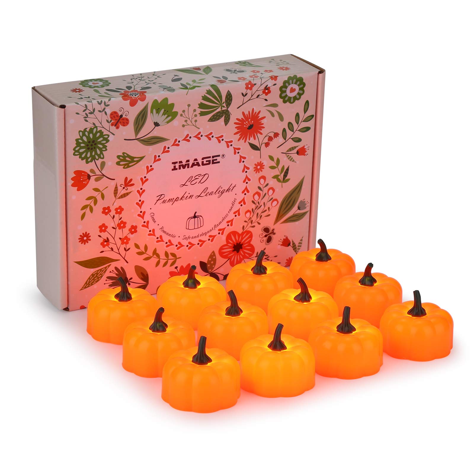 IMAGE Flickering Pumpkin Tea Lights 12 Pack Flickering LED Pumpkin Lights with Battery Operated Flameless Pumpkin Tealight Candles for Halloween, Christmas, Thanksgiving and Theme Parties — image 1