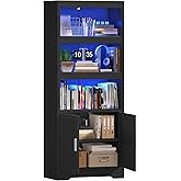 TEENFON Bookshelf with 16 Color Lights, Bookcase with Doors, Floor Standing 5 Shelf Display Storage Shelves, Tall Bookcase fo