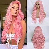 FEIVOSILAN Pink Wig for Women Long Wavy Pink Wig Middle Part 26 Inch Wigs Heat Resistant Synthetic Wig for Daily Use