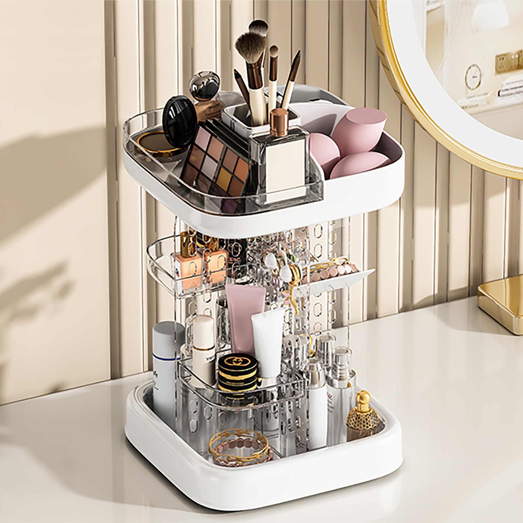 Photo 1 of 360 Rotating Makeup Organizer for Vanity & Countertop, Clear Adjustable Height Tiered Cosmetic and Skincare Storage, Spinning Perfume and Brush Holder, Jewelry Accessories Desktop Organizer, White