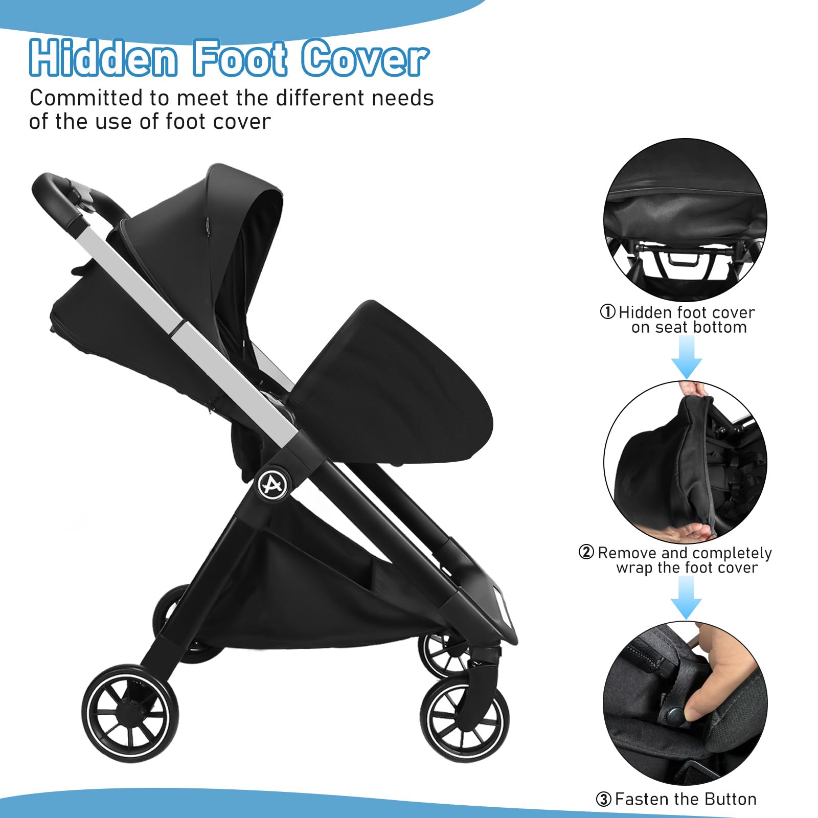 Reversible Baby Stroller, Foldable Toddler Stroller with Reversible Seat, Hidden Foot Cover & Sleep Shade, 4-Wheel Shock- Absorbing, Infant Pram Pushchair for 0-3 Year Old (Max 22KG)