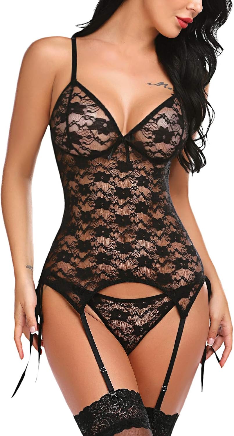 Avidlove Women Lace Lingerie Set Babydoll with Garter Belts: Clothing