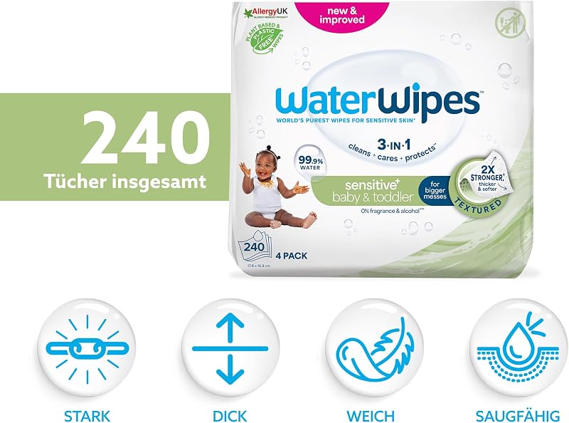 Sensitive+ Baby & Toddler Wipes, 99,9% Wasser, 4 Pack
