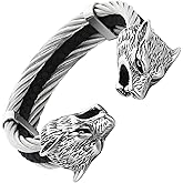 Klapgo Men's Viking Wolf Head Bracelet 316 Stainless Steel Leather Open Cuff Tribal Retro Wolf Twisted Cable Cuff Bangle Vintage Gothic