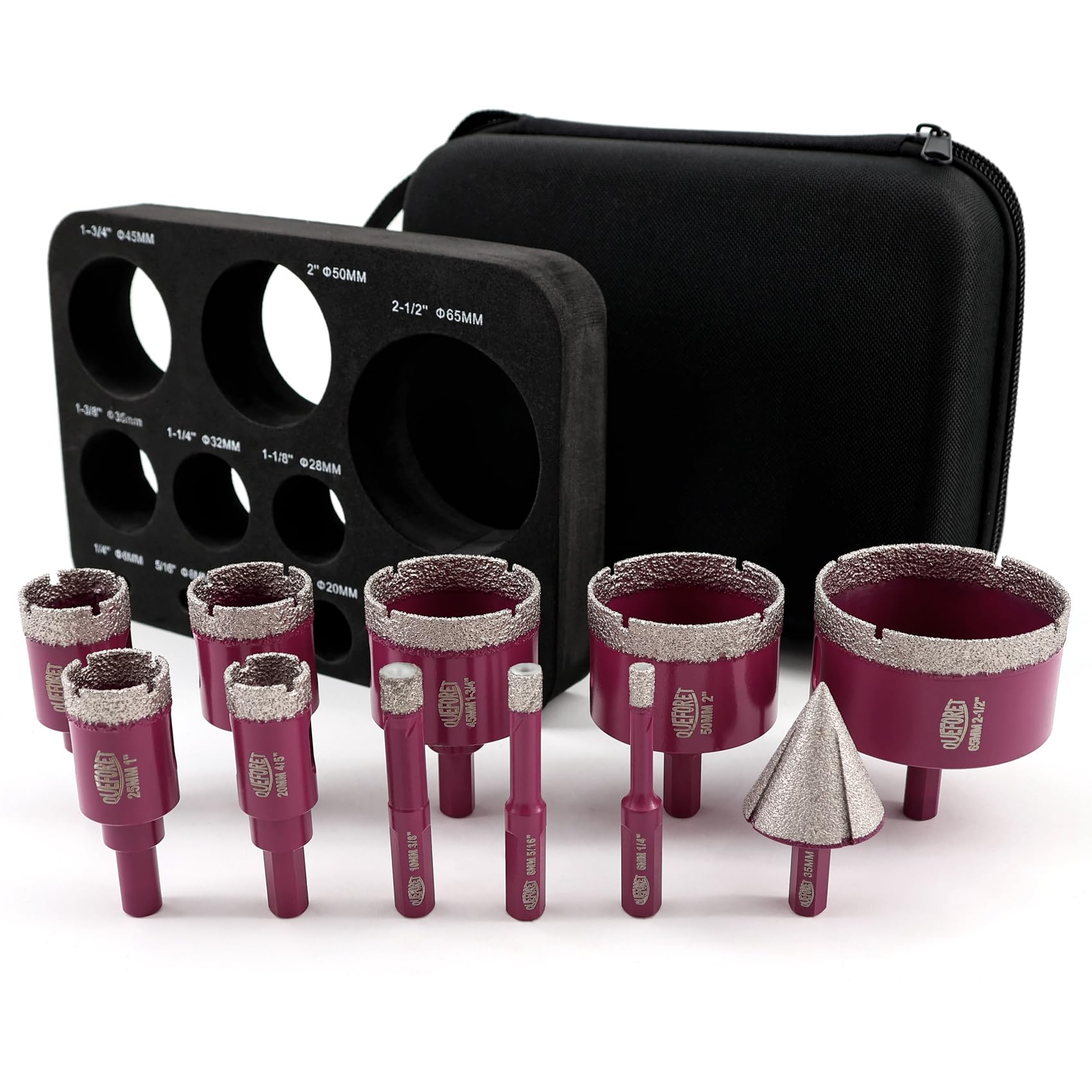 QUEFORET Diamond Drill Bits Set 11pcs - 10pcs 6/8/10/20/25/28/32/45/50/65mm Dry Hole Saw, 1pc 35mm Beveling Chamfer Bit for Ceramic Porcelain Tile Marble Granite
