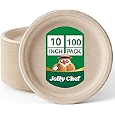 JOLLY CHEF Compostable Heavy Duty Plates 𝟭𝟬 𝗜𝗻𝗰𝗵 [𝟭𝟬𝟬 𝗣𝗮𝗰𝗸] Eco-Friendly Disposable Natural Paper Plate Bagasse Biodegradable Food Trays for Party Dinner Hot Cold Food Christmas (Brown)