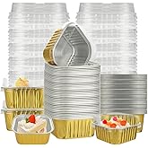 100Pcs Disposable Ramekins with Lids 5oz, Aluminum Foil Mini Cake Pans with Lids, Gold Reusable Cupcake Liners Square Desert 