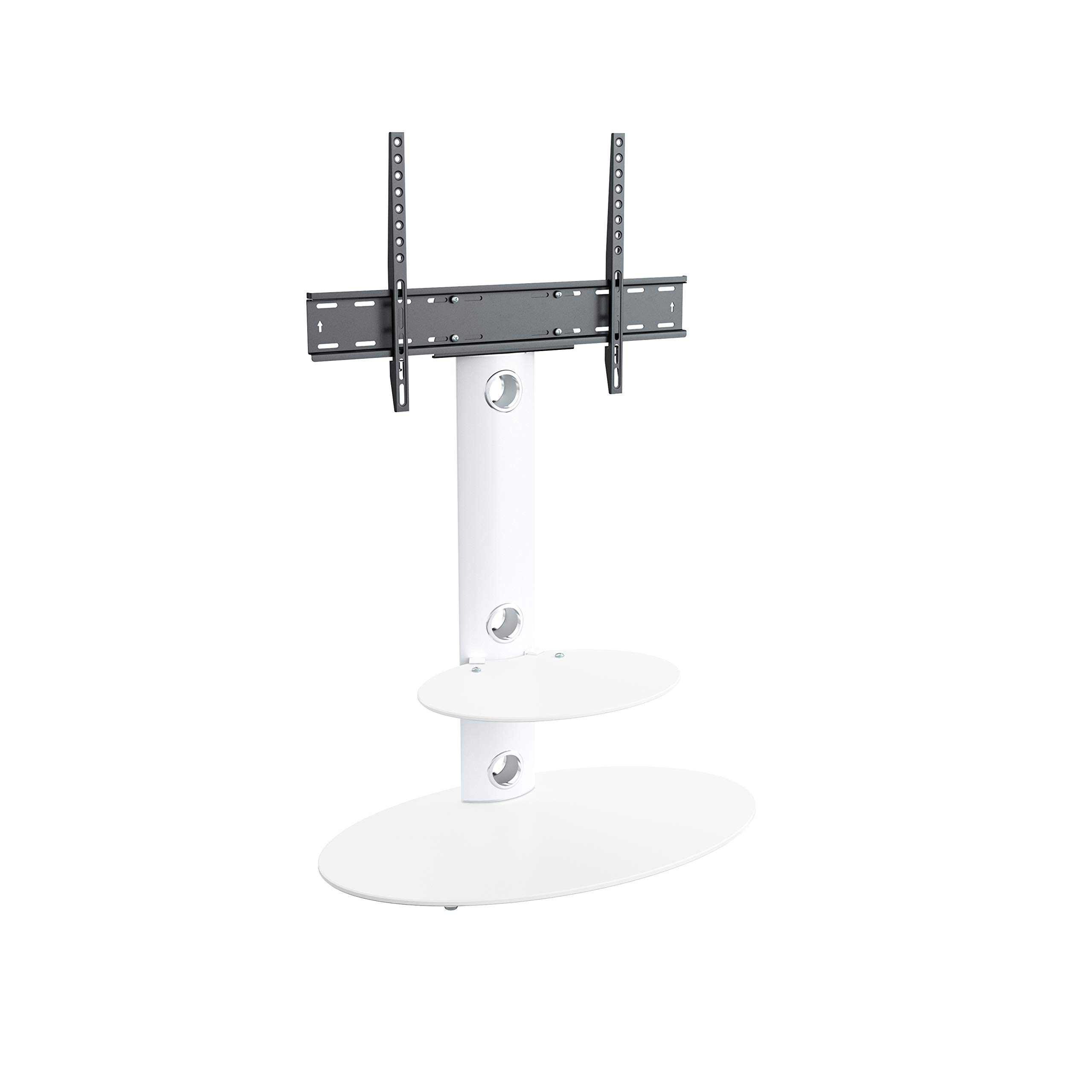 MAHARA Universal Column TV Stand - for 32 to 65 inch TVs-Freestanding white tall floor stand with oval white glass shelves and cable management-Height adjustable & fits in corners-Max Weight 40kg