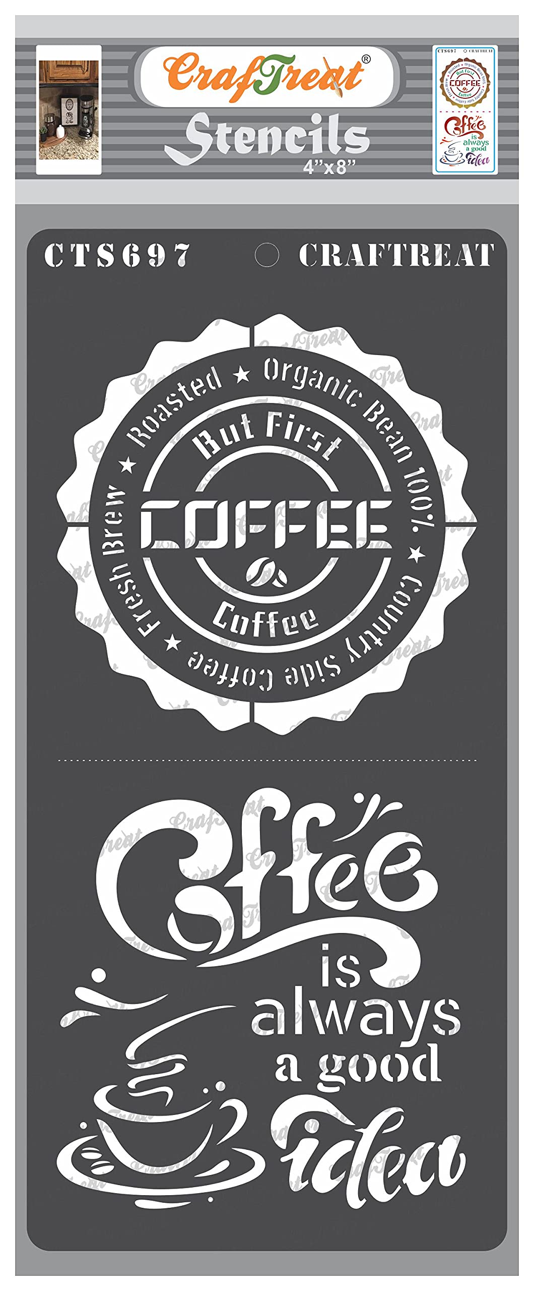 CrafTreat Reusable Coffee Quote Stencils for Painting on Wood - But First Coffee -4X8 Inch - Coffee Stencils for Signs - Cafe Stencils for Painting on Wood