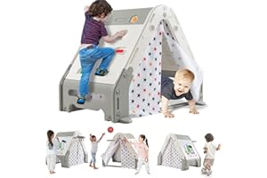 Costzon Climbing Toys for Toddlers, Triangle Climber for Kids with Play Tent, Climbing Wall, White Board, Basketball Hoop, Soccer Gate, Indoor Outdoor Playground Gym Set for Boys Girls Gift Present