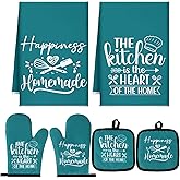 Sratte 6 Pcs Kitchen Decor Accessories Set Farmhouse Towels Pot Holders Oven Mitts Set 2 Dish Towels 2 Potholders 2 Cooking Mittens Oven Glove for Christmas Baking Cooking Supply(Teal,Kitchen)