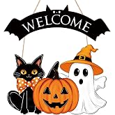 Halloween Decoration Wooden Ghost Door Halloween Wreath for Front Door Sign Wall Signs Decor, Pumpkin Black Cat Wreaths Sign Hanging for Home Wall Decor Outdoor Indoor Farmhouse Party Supply