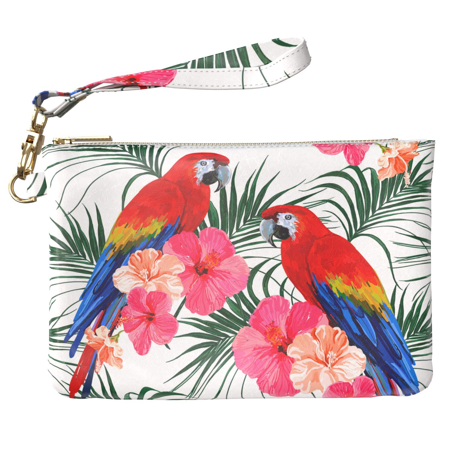 Cavka Makeup Bag 9.5 x 6 inch Floral Flowers Jungle Leaves Storage Parrots Cosmetic Print PU Leather Toiletry Zipper Travel Case Purse Pouch Portable Organizer Design Tropical Bird Strap Accessories