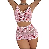 BEAUDRM Women's 2 Piece Sexy Lace Lingerie Sets Heart Lip Graphic Bralette Boyshorts Set Nightwear