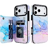 HAOPINSH Wallet Case with Card Holder for iPhone 17 Pro Max, Pink Blue Marble Pattern Back Flip Folio PU Leather Kickstand Card Slots Case for Women Girls Shockproof Cover 6.9"