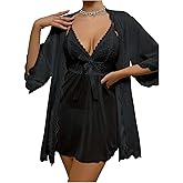 OYOANGLE Women's Floral Lace Bow Tie Pajama Set Spaghetti Strap Mesh Nightdress with Robe Nightgowns
