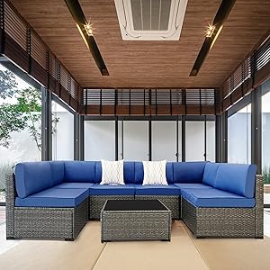 VisHomeYard 7 Pieces Outdoor Patio Furniture Set All Weather PE Rattan Sofa Chair Set Outdoor Sectional Wicker Conversation Sofa Sets with Cushions and Glass Table (Blue)