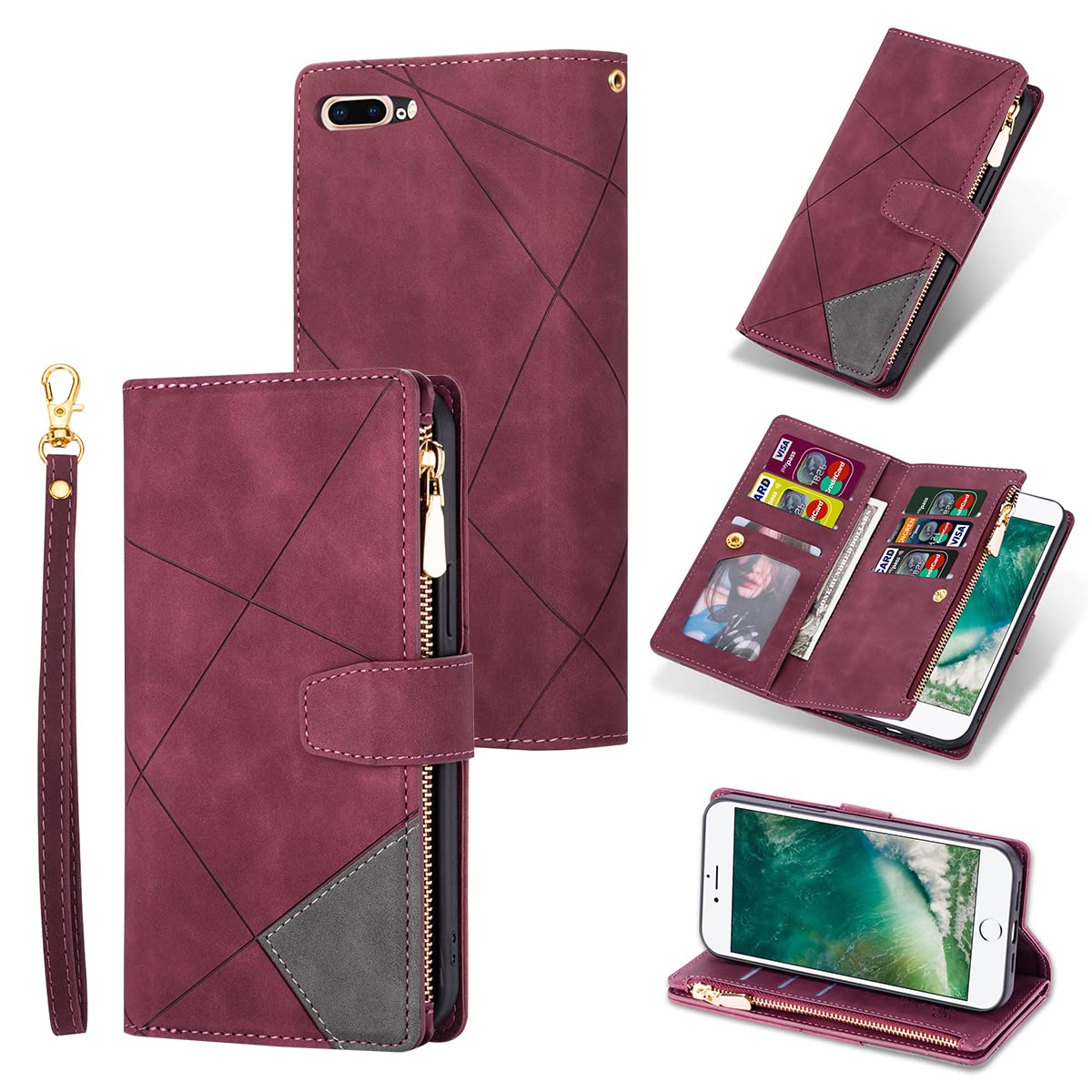 UEEBAI Wallet Case for iPhone 7 Plus iPhone 8 Plus, Vintage Premium PU Leather Cover Flip Case with Card Slots Magnetic Closure Zipper Pocket Kickstand Handbag with Hand Strap - Splice Wine Red