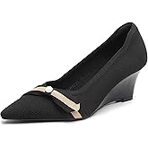 NEWBELLA Women's Bow Wedge Heels - Simple Knit Slip-On Pumps Pointed Toe, Comfortable Office Work Shoes with Block Heel