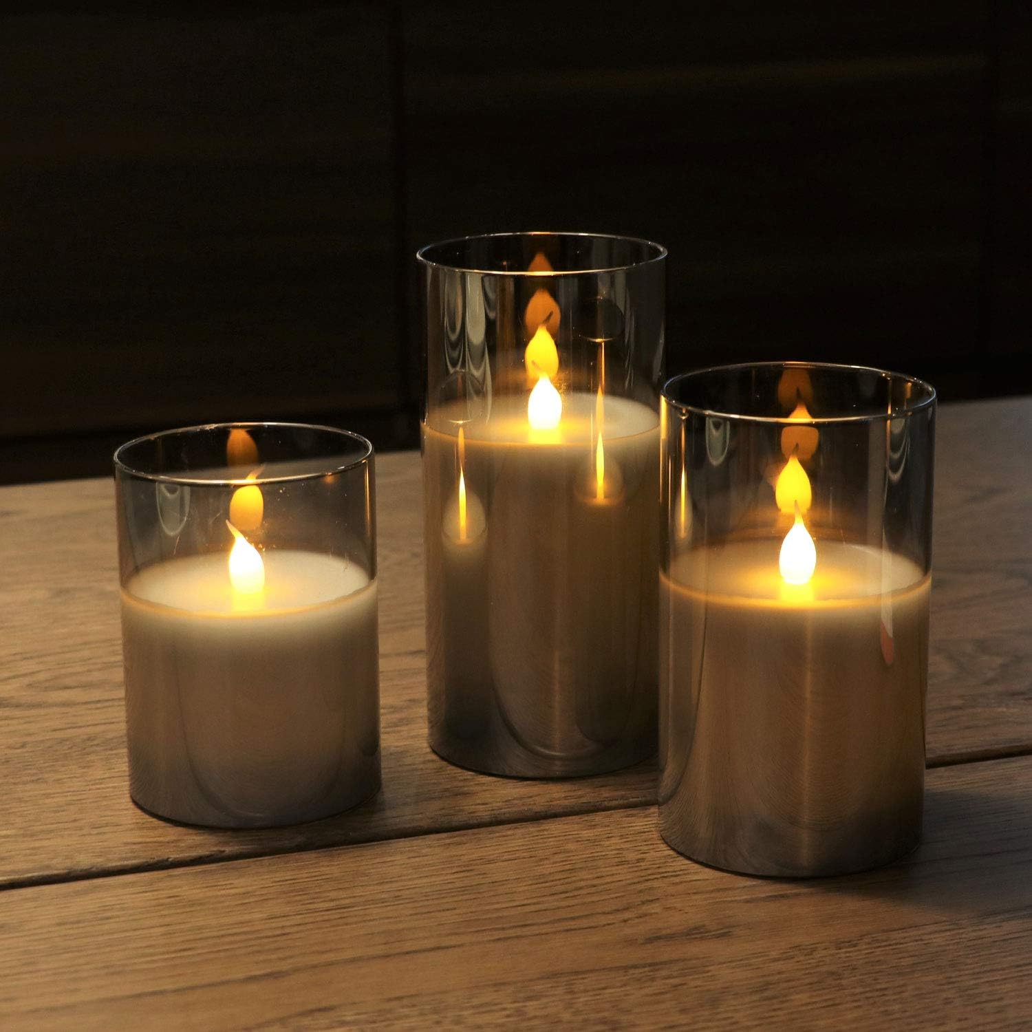 Rhytsing Grey Glass Battery Operated Candle with Remote, Flameless LED Candle Gift Set, Warm White Light, Batteries Included - Set of 3 - Image 4