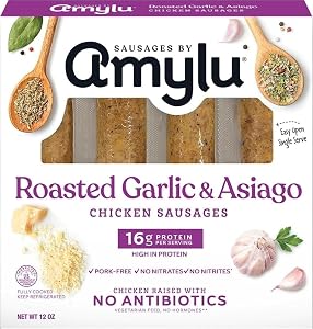 Amylu Foods Roasted Garlic & Asiago Chicken Sausage, Natural Ingredients, 16g of Protein, GAP Certified Chicken Raised with N