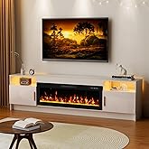 Kucreiheat 80'' TV Stand with 42''Fireplace-White Entertainment Center for 90 inch TV- TV Cabinet with LED Light, Storage, High Glossy Door, Modern TV Console for Living Room