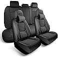 GEEYONTEK Complete Car Seat Cover, Faux Leather Seat Covers, Front and Rear 5 Seats with Headrest Pillows, Airbag Compatible, Universal Seat Protectors, Fits Most SUV Trucks Pickups (Black)
