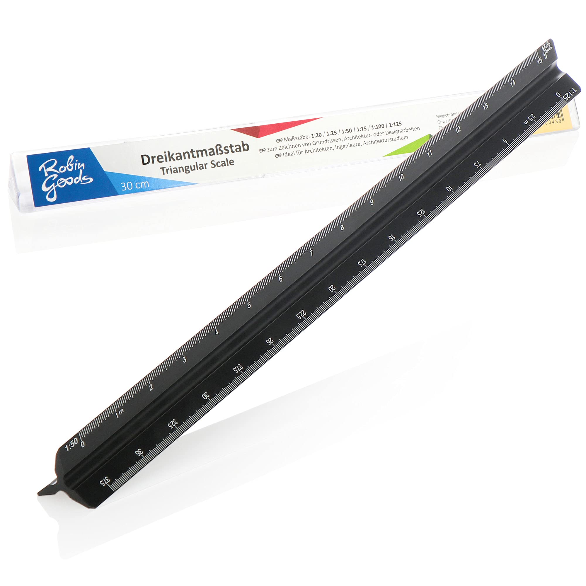Robin Goods® Aluminium Triangular Ruler - Architect Ruler for Construction Drawings - Drawing Ruler for Architects, Draughtsmen, Engineers, Students - 32cm (Black - Scale Large)