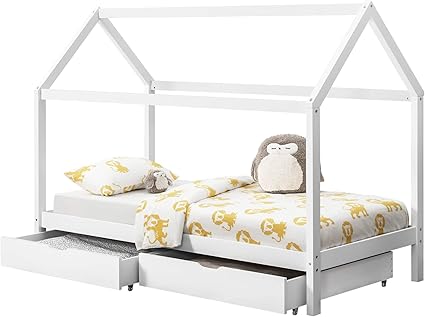 En Casa Lit Enfant Design Maison Cadre Structure Lit Bois Blanc Avec 2 Tiroirs 206 X 98 X 150 Cm Blanc Amazon Fr Cuisine Maison