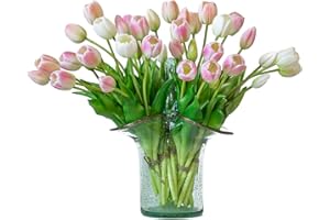 DUYONE 40pcs Artificial Tulips Flowers,Real Touch Latex Bouquet,Fake Tulips for Office Wedding Party Home Kitchen Garden Deco