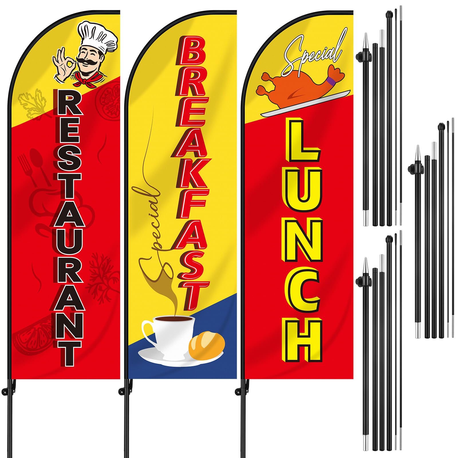 Photo 1 of 3 Sets Breakfast Lunch Restaurant Advertising Feather Flags Kits with Banner Ground Stakes and Flags Poles 7ft Special Red Yellow Outdoor Now Open Banner Sign for Business Promotion