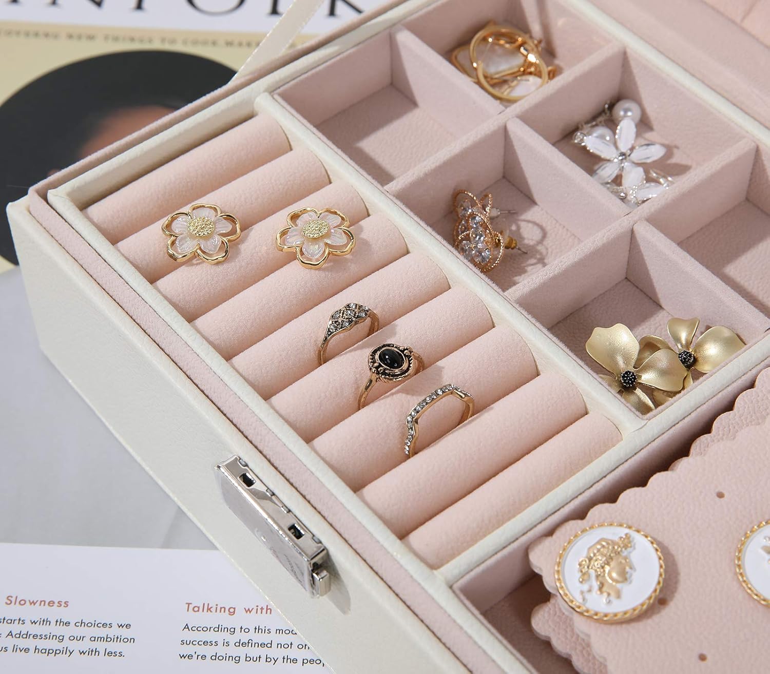 misaya Small Jewelry Organizer Box, Two Layer PU leather Jewelry Storage Box for Women with Removable Tray for Earring Ring Necklace Bracelet, Off White: Home & Kitchen