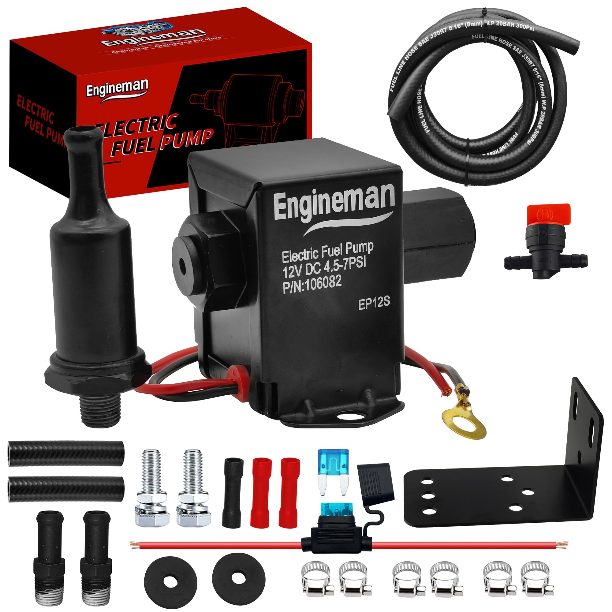 Photo 1 of ENGINEMAN Universal Electric Fuel Pump Kit 12V 4.5-7psi Gas Diesel In-Line In-Tank Electric Fuel Pump with Fuel Filters 6 Hose Clamps 6.56 FT 5/16" ID Fuel Line