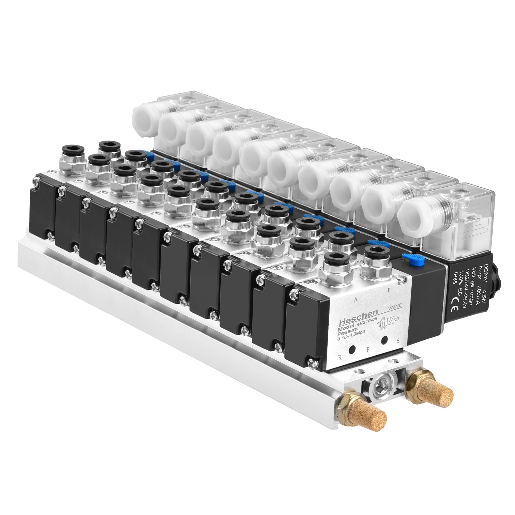 Heschen 10 Station Manifold Solenoid Valve 4V210-08, PT1/4 5 Way 2 Position Pneumatic Control Valve Kit, with Base Muffler Quick Fittings Set (24VDC)