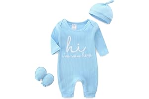 Babymine Newborn Unisex Baby Clothes 0-3 Months,Long Sleeve Onesie Infant Coming Home Outfits Romper with Mittens & Hat