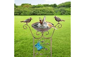 ZEMIRO CHARGE Vintage Butterfly Bird Bath Trellis & Bird Feeder with Metal Stake - 7.2"" Cast Iron Bird Bath Bowl for Outdoor Garden Decor, KCA0011