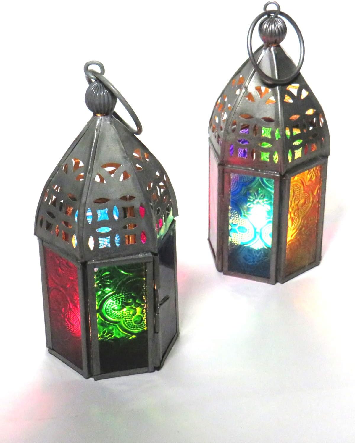Purity Set of 2 Moroccan Style Mini Lantern Tealight holders with multi-coloured glass, Orange,blue,green,turquoise,red,purple