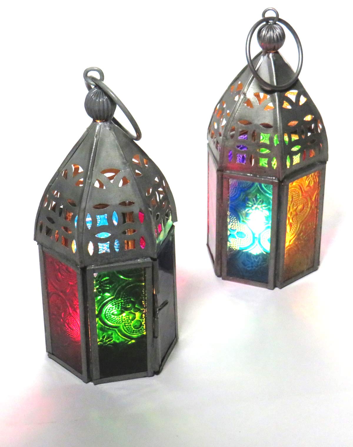 Purity Set of 2 Moroccan Style Mini Lantern Tealight holders with multi-coloured glass